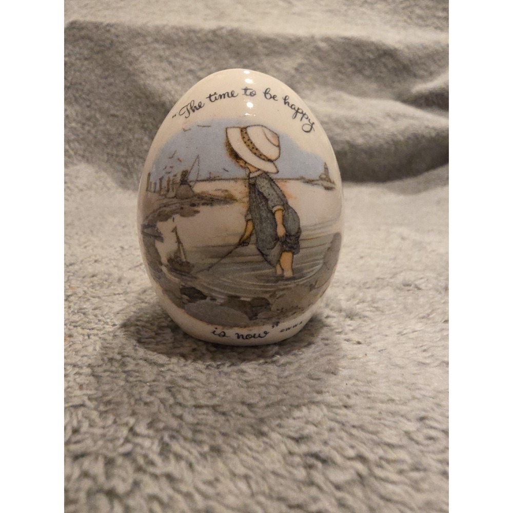 Vintage Holly Hobbie Ceramic Egg Summer Beach Ocean Scene 1973 Time to Be Happy